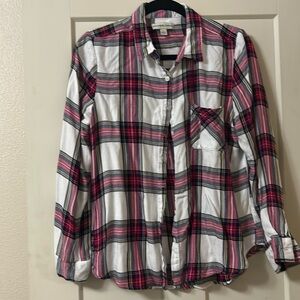 Plaid white, pink, navy shirt. Not thick. Size Large